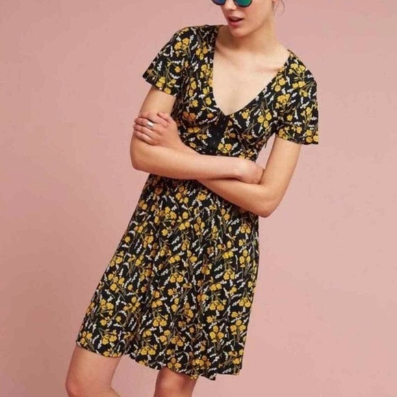 Maeve Anthropologie Summer Breeze Black & Yellow Floral Dress Size S - Picture 1 of 6